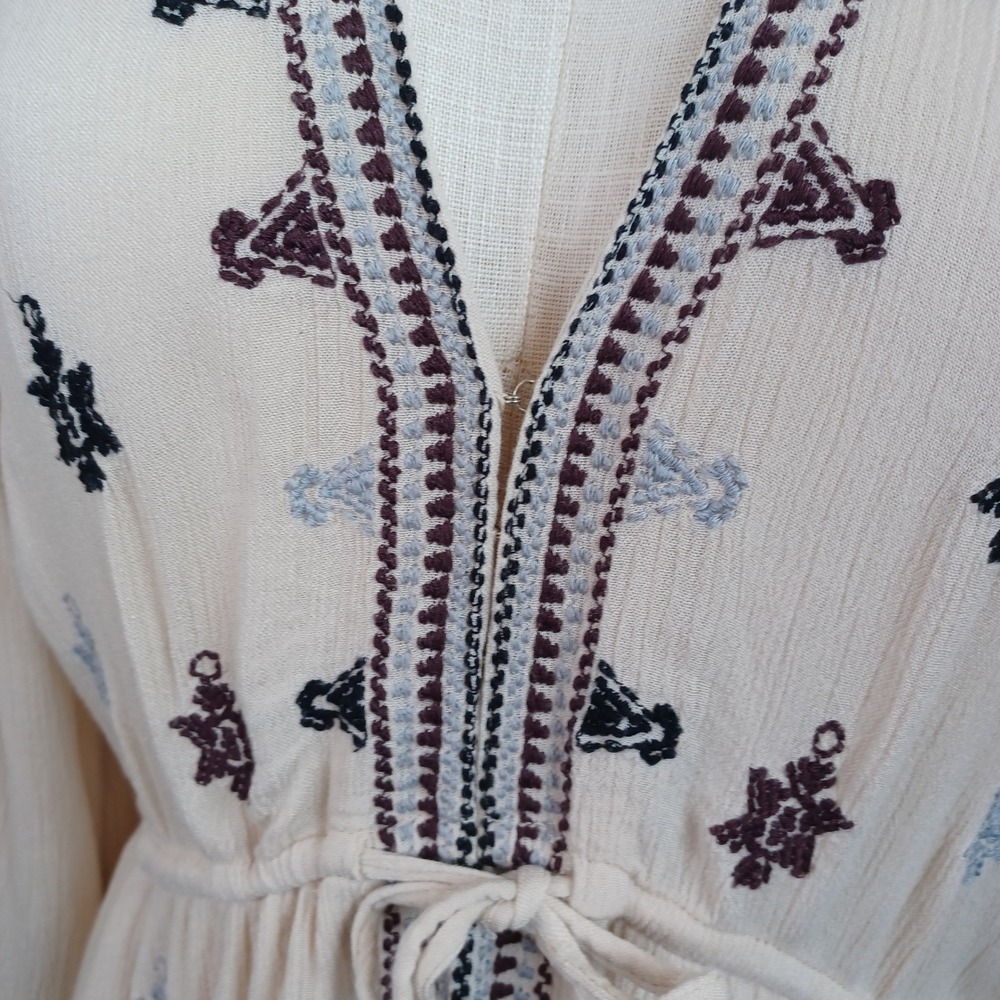 Free People Embroidered Gauze Mini Dress Cream Boho V-Neck Long Sleeve Womens M - Picture 4 of 14